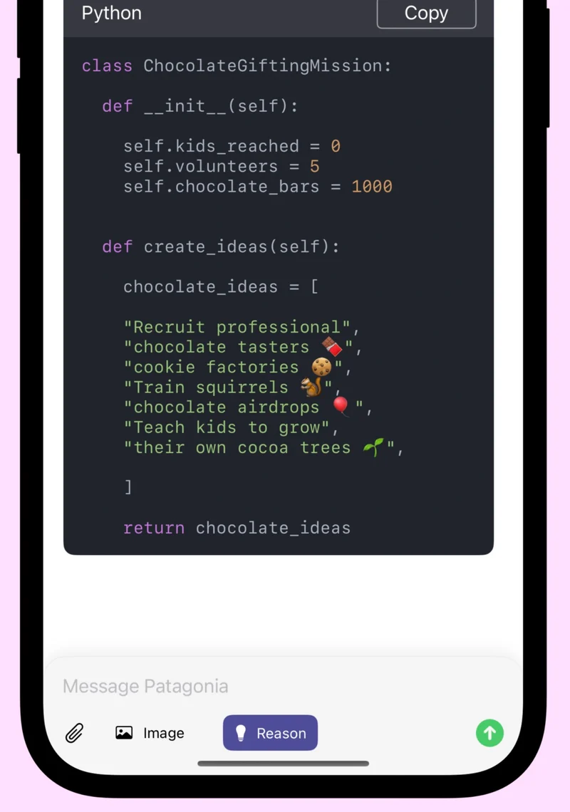 Think app running on iPhone, showing a Python code block generated in-chat